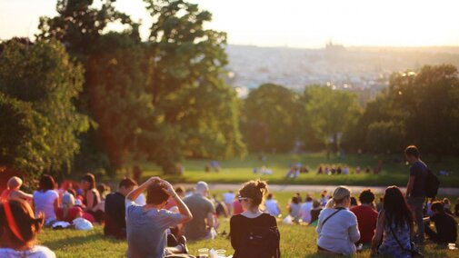 Group of people on green grass field enjoying sunshine.